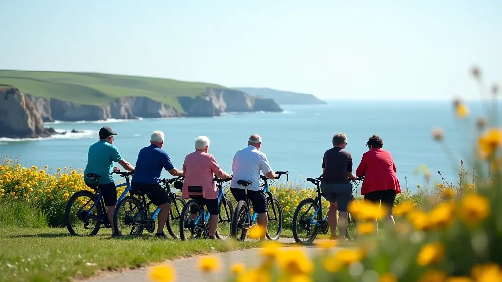 Cyclists enjoying coastal scenery and rest stop