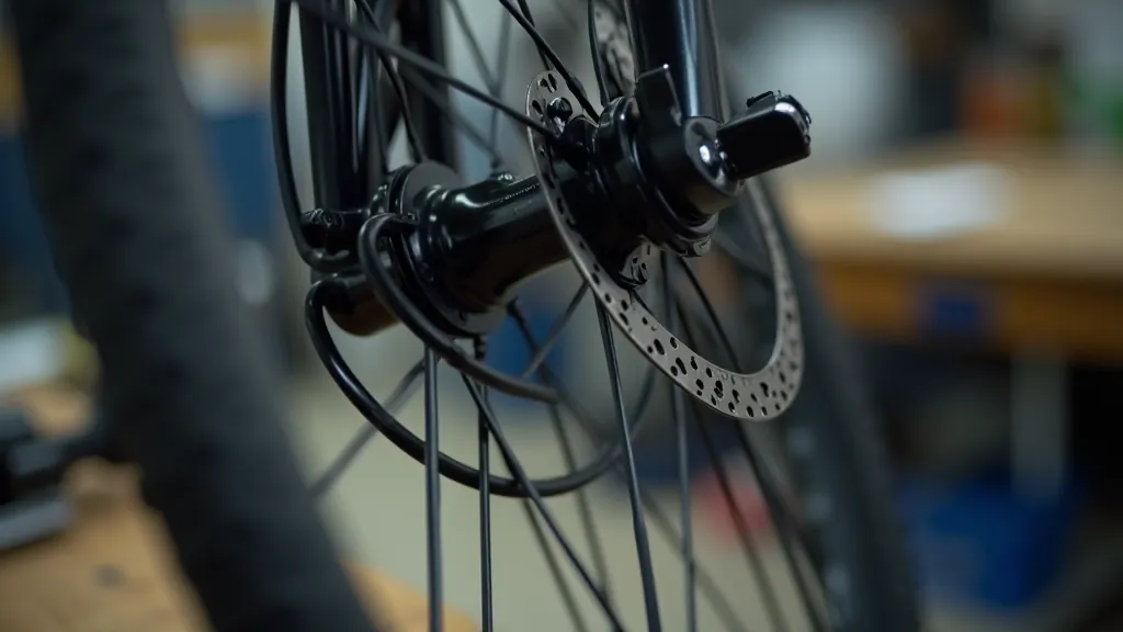 Bicycle tire and wheel rim in detail, showing tread pattern and brake pad contact area on the rim surface