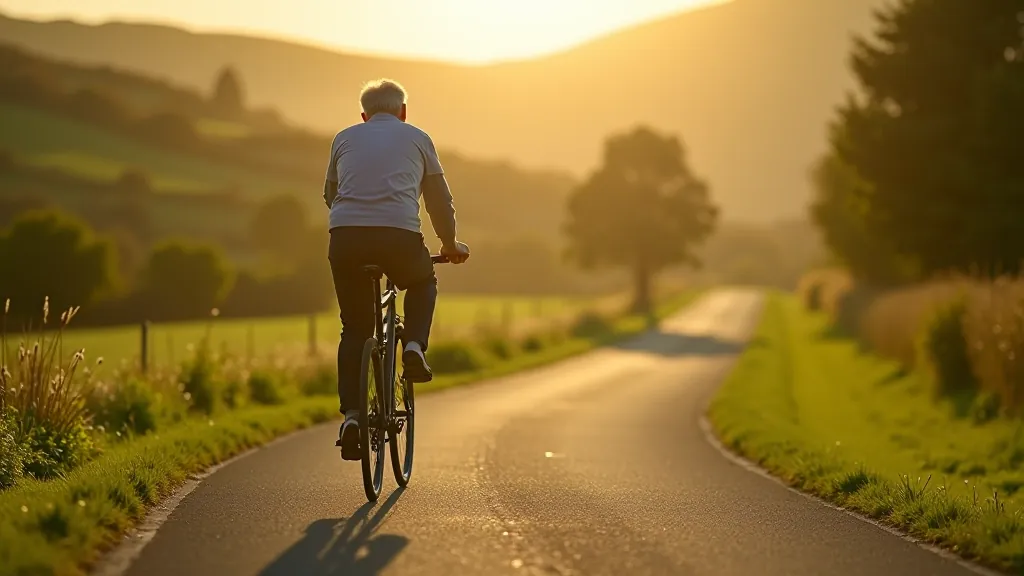 Cyclist riding on paved path with Waterford countryside and distant hills, golden hour lighting