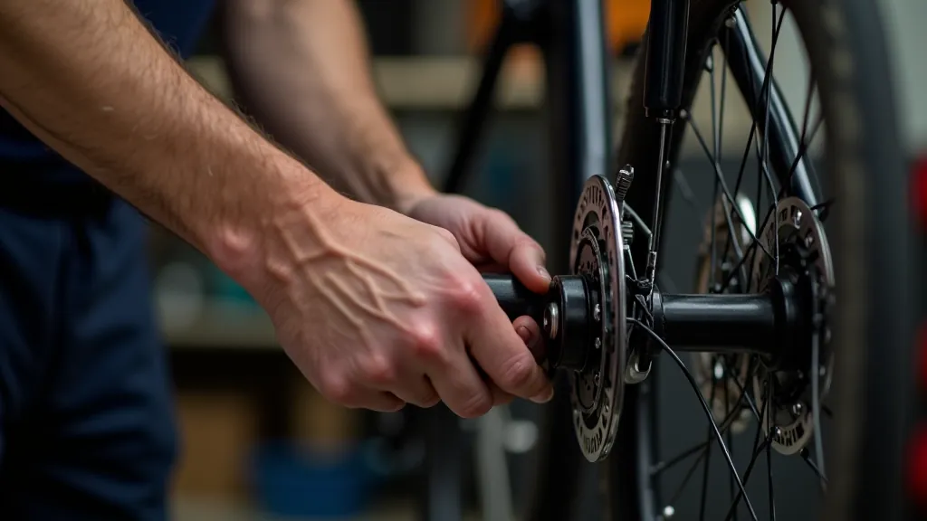 Mechanic checking bicycle brakes and chain during maintenance, hands on bike components, repair stand in workshop