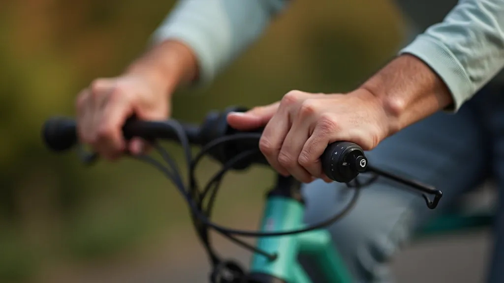 Hands gripping different handlebar positions on hybrid bicycle, showing reach distance and wrist angle, outdoor setting