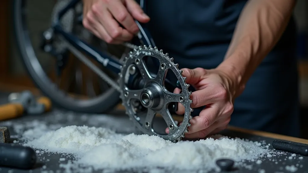 Bicycle chain with visible dirt and salt residue, showing the importance of regular cleaning and maintenance for coastal riding