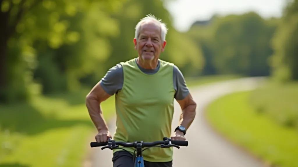 Senior man stretching legs before cycling, wearing casual outdoor clothes, sunny day in park, peaceful expression