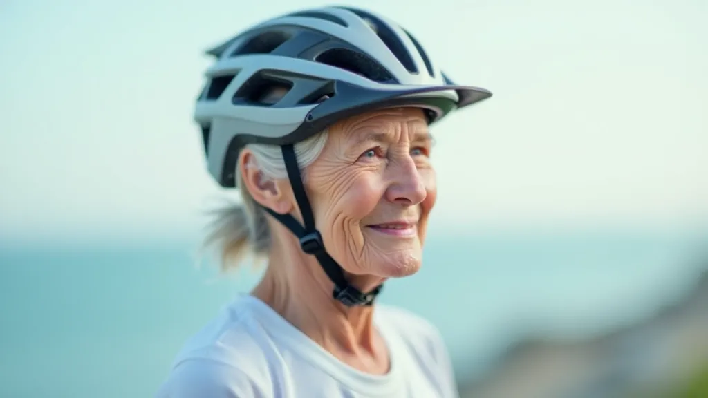 Properly fitted bicycle safety helmet on senior adult, showing correct positioning level on head, chin strap fastened, side profile view