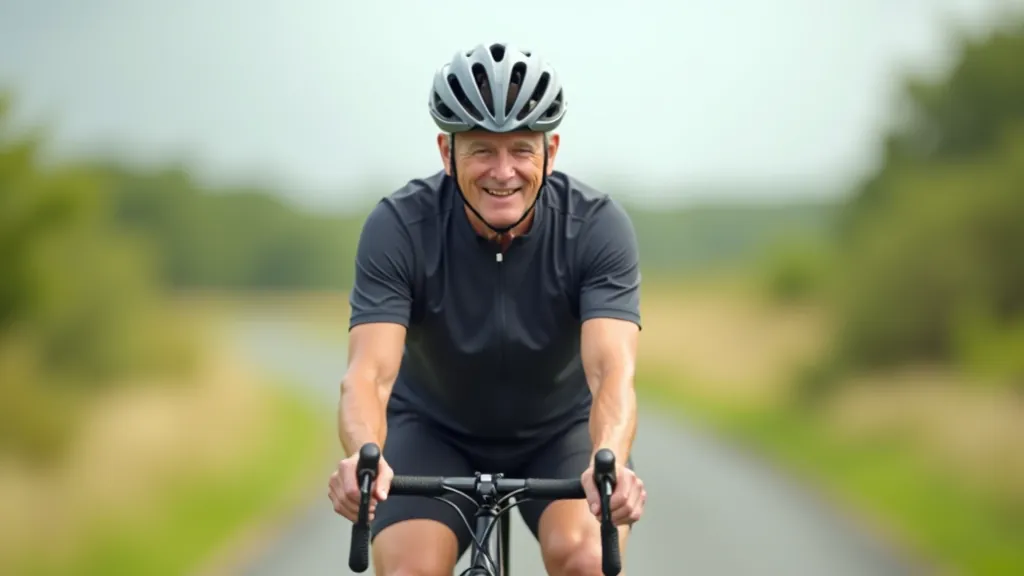 Cyclist on road wearing helmet, demonstrating scanning the road ahead and checking surroundings, focused expression, daytime outdoor cycling