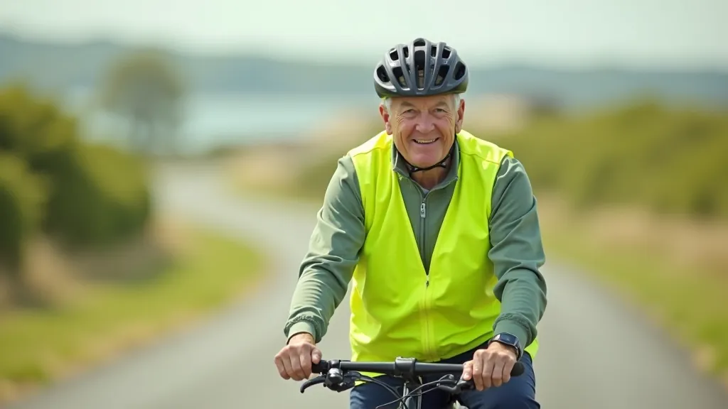 Cyclist wearing safety helmet and high-visibility vest, hands on bike handlebars, confident posture, outdoor setting with clear sky