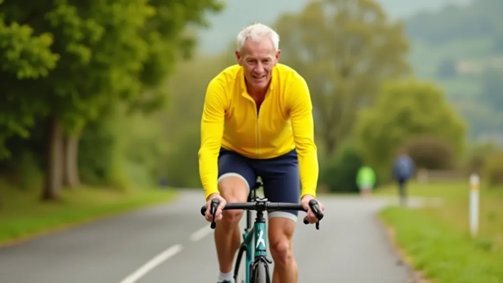 Senior cyclist on flat paved path wearing bright cycling jacket, relaxed riding position, Déise Greenway setting with coastal vegetation