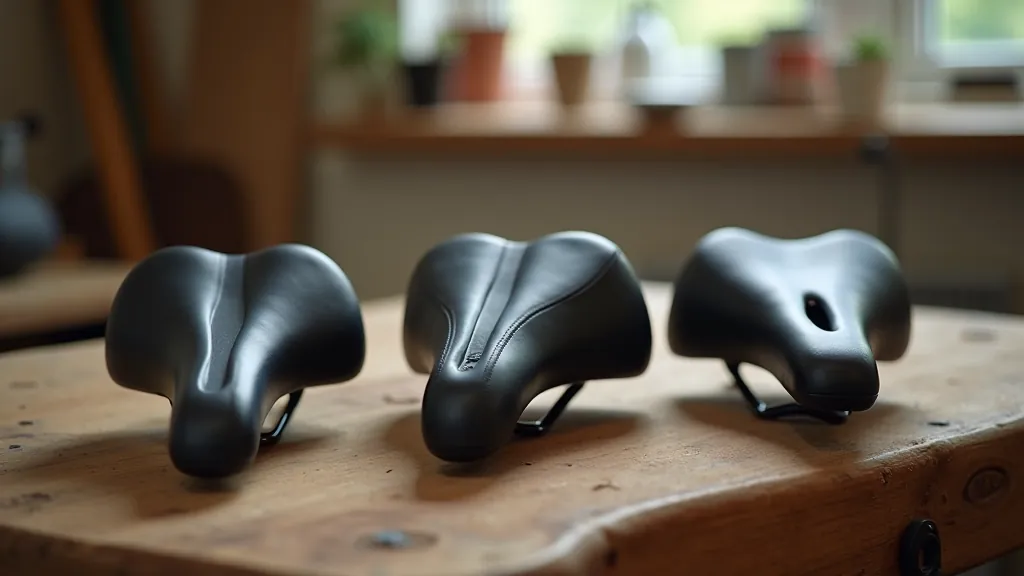 Comparison of different bicycle saddle types and widths displayed on wooden surface